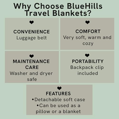 BlueHills Premium Soft Travel Blanket Pillow Airplane Flight Blanket Throw in Soft Bag Pillow case with Luggage Belt & Bac...