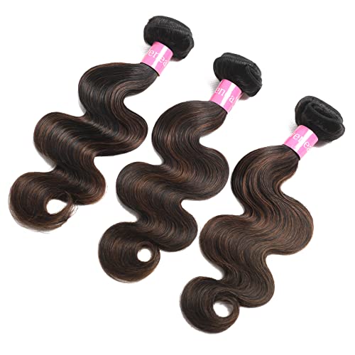 Highlight Brown Body Wave Virgin Hair 3 Bundles 10 12 14 Inch 10A Brazilian Human Hair Extensions Ombre Color Body Wavy Human Hair Weave Bundles (FB30, 10 12 14)