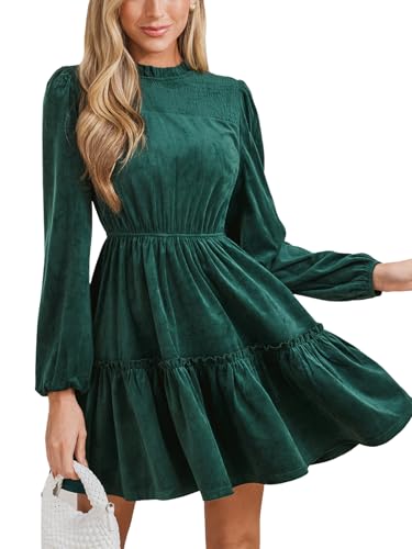 CUPSHE Women Ruffle Fall Dresses Long Bubble Sleeve Crewneck Smocked Waist Holiday Party Winter Mini Dress