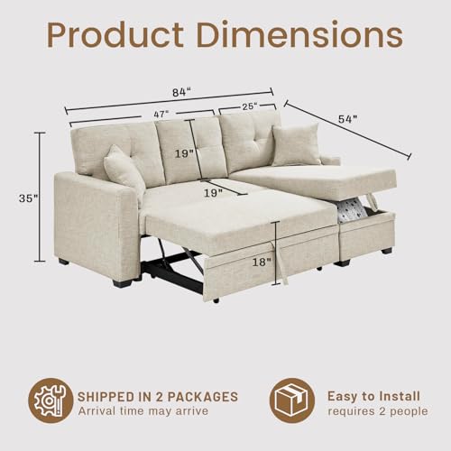 Nicbex Convertible Sofa Bed Couch with Storage Chaise,Upholstered Sleeper Sofa with Pull-Out Bed,Pull Out Couch,Sectional Couches for Living Room Beige