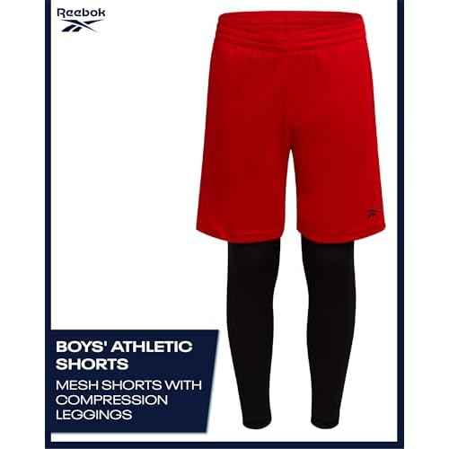 Reebok Boys Basketball Shorts - 2 Pack 2-in-1 Boys Athletic Shorts for Running with Compression Leggings Pockets & Drawstring