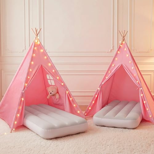 Wilwolfer Pink Sleepover Teepee Tent for Kids-2 Pack Tipi Playhouse for Kids with Lights& Flag& Inflatable Airbed -Indoor/...
