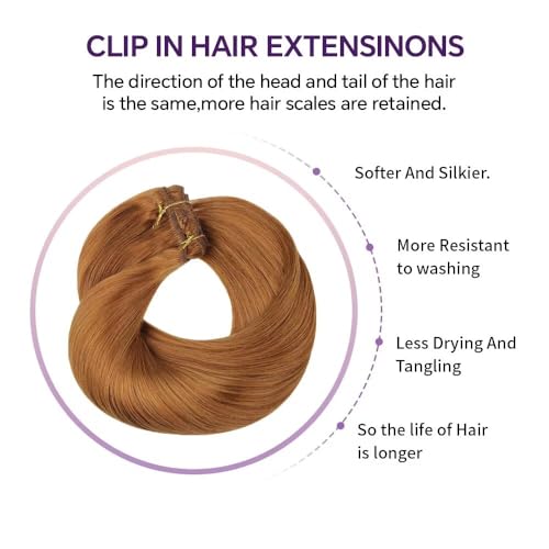 Remy Hair Extensions clip ins Hair Etensions for Women #30 Light Ginger Brown Double Weft Natural Hair Extensions Straight 8Pcs Soft and Thick 20inch 100g