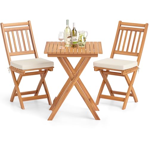 Tangkula Acacia Wood Patio Bistro Set of 3, Outdoor Folding Chair Table Set with Soft Seat Cushions, High Back Armless Cha...