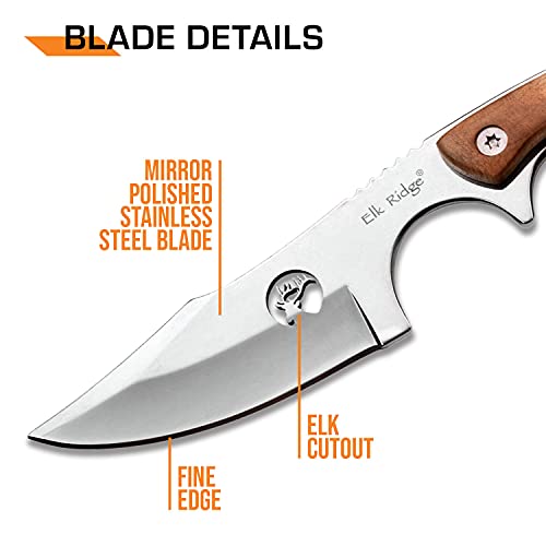 Elk Ridge - Outdoors Fixed Blade Knife - 6.75-in Overall, Mirror Finished Stainless Steel Blade, Burl Wood Handle - Full T...
