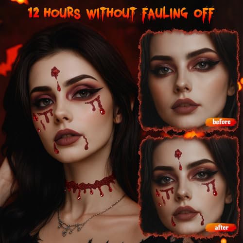 Face Gems Stickers Women for Halloween Vampire Costume Accessories Makeup - Glitter Red Face Jewels Tattoos Stickers for G...