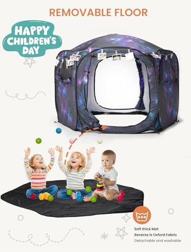 Kids Pop Up Play Tent with Fairy Lights, Hexagonal House with Removable Mat, Indoor Playhouse for Children, Galaxy Theme G...