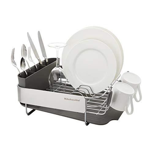 KitchenAid Compact, Space Saving Rust Resistant Dish Rack, with Angled Self Draining Drain Board and Removable Flatware Ca...