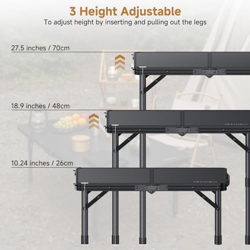 Diceaynico Folding Camping Table, 22" x 15" Picnic Table with 3 Adjustable Height Max 27.5", Matte Black Aluminum Folding ...