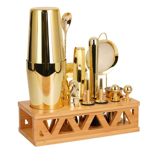 JWJIUEJIU Cocktail Shaker Set Bartender Kit with Bamboo Stand,13 Piece Bar Set Stainless Steel Bar Tools Set for Professio...