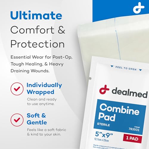 Dealmed Abdominal Combine Pads 5"x9" (20-Pack) Sterile Individually Wrapped, ABD Pads, Absorbent, Non Adherent for Wound C...