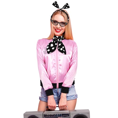 SOMSOC 5 Pieces 1950s Women Pink Satin Jacket with Polka Dot Scarf Headband Earrings Eye Glasses Halloween Party Costume Set