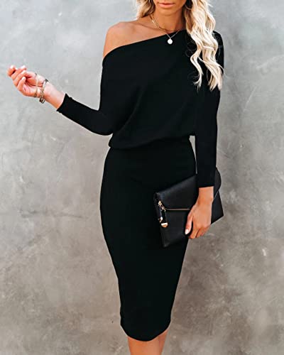 Ezbelle Women's Off The Shoulder 3/4 Sleeve Batwing HIPS-Wrap Pencil Party Sexy Bodycon Midi Dress Loose