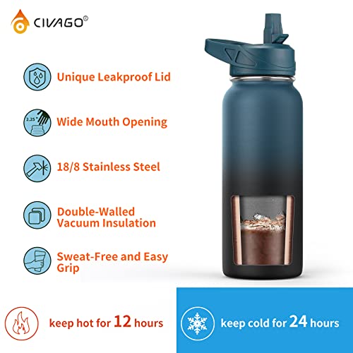 CIVAGO 32 oz Insulated Water Bottle With Straw, Stainless Steel Sports Water Cup Flask with 3 Lids (Straw, Spout and Handl...