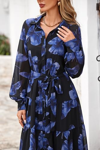 PRETTYGARDEN Women's Fall Dress 2025 Casual Long Sleeve Button Down Belted Boho Floral Flowy Maxi Wedding Guest Dresses
