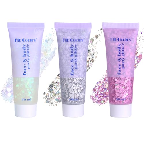 Face Body Glitter Set for Women and Kids, White Silver Pink Holographic Mermaid Sequins Chunky Glitter Makeup for Festival...