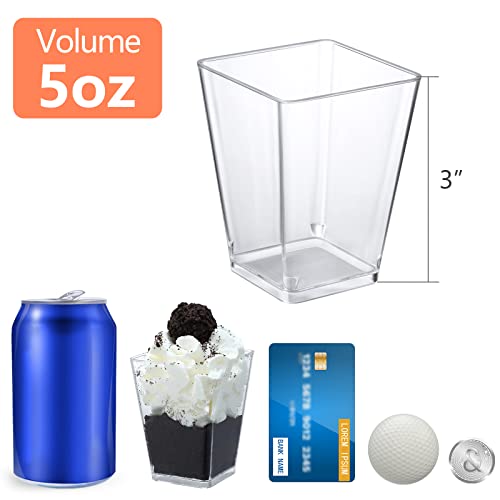 SHOPDAY 5 oz Plastic Dessert Cups 50 Pack Small Clear Square Parfait Cups with Spoons, Mini Plastic Tumbler Serving Cups f...