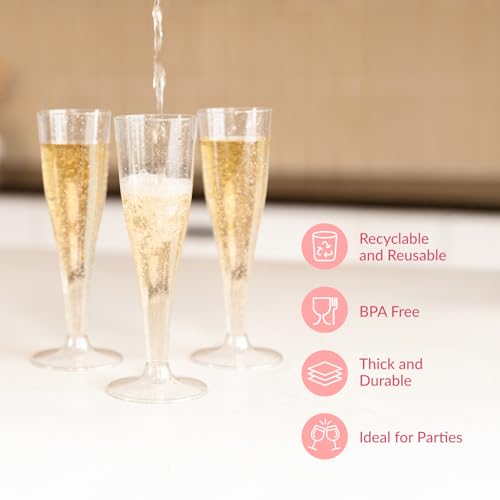 Prestee 24 Champagne Flutes Plastic - Disposable Flute - Silver Glitter Plastic Glasses for Parties - Mimosa Bar, Wedding,...