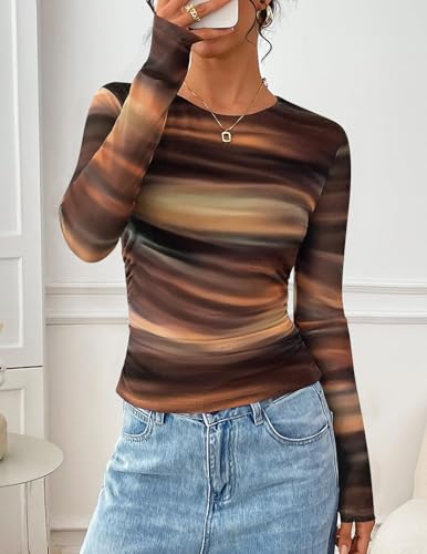 ZESICA Womens 2026 Spring Floral Mesh Going Out Tops Long Sleeve Crewneck Slim Fit Ruched Y2k Shirt Beach Vacation Outfit