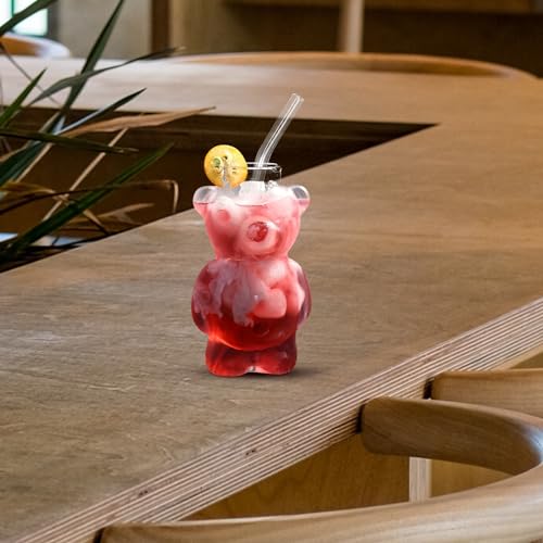 LUOZZY Bear Shaped Glass Cup with Straw Adorable Bear Cocktail Glass Transparent Beverage Drinking Glass Cup for Home Bar ...