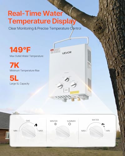 VEVOR Portable Propane Water Heater, 5L Tankless Outdoor Water Heater, 34000 BTU 1.32 GPM Instant Hot Water, with Accessor...