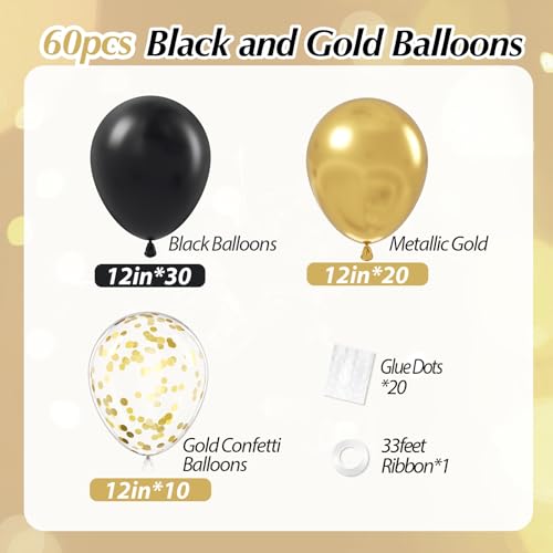 Black and Gold Balloons, 60pcs 12inch Black Metallic Gold Confetti Balloons for Graduation 2025 Anniversary Birthday Party...