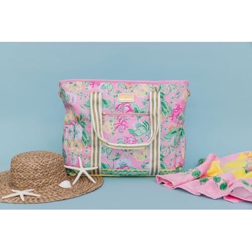 Lilly Pulitzer Pink Picnic Beach Cooler, Insulated Soft Cooler Bag with Adjustable Shoulder Strap and Zippered Top, Large for Groceries or Travel, Via Amore Spritzer