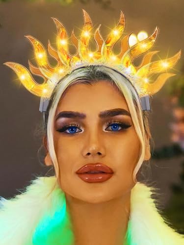 Sixexey Light Up Headband Fire Crown Hair Band LED Flame Headpiece Party Rave Hair Accessories for Women