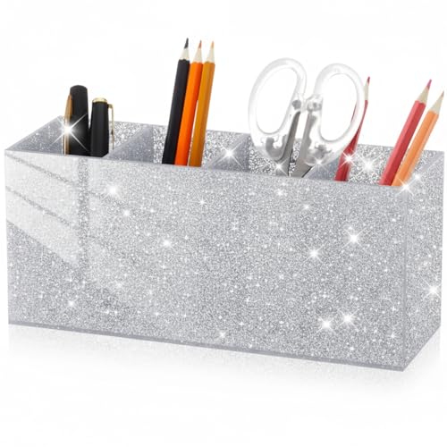 Jetec Acrylic Glitter Pen Holder 4 Compartments Bling Makeup Brush Stationery Organizer Pencil Holder for Desk Accessories...