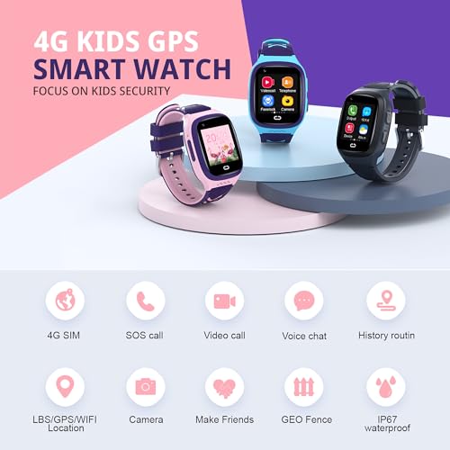 Tixpc 4G Kids Smart Watch Girls with GPS Tracker Location Video Call Cell Phone SOS Calling Voice Chat Camera Alarm Clock ...