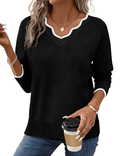 OFEEFAN Womens V Neck Sweaters Pullover Cozy Lightweight Sweaters Long Sleeve Tops Fall Outfits 2025