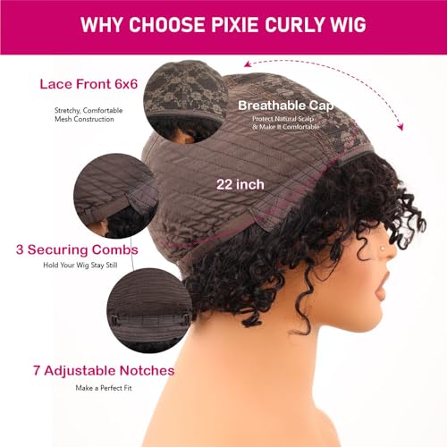 10 inch Curly Pixie Cut Vietnamese Human Hair Wig Pre Plucked, Wear and Go Lace Bob Wig Human Hair 180% Density, Glueless Wig Human Hair with Baby Hair