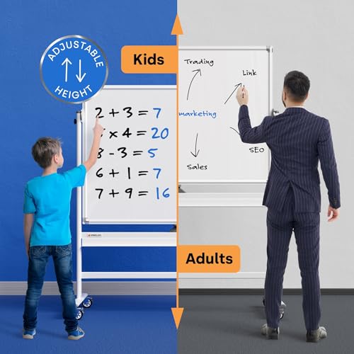 Rolling Dry Erase Board 48 x 36 - Large Portable Magnetic Whiteboard with Stand - Double Sided Easel Style Whiteboard with...