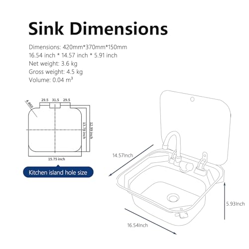 GZOII Portable RV Sink, 16.54×14.57×5.91 Inch Small Stainless Steel Bar Camping Sink with Folde Faucet and Tempered Glass ...