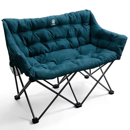 EVER ADVANCED Double Camping Chair for Adults, Padded Folding Camping Love Seat with Side Pocket Portable Camping Couch, T...