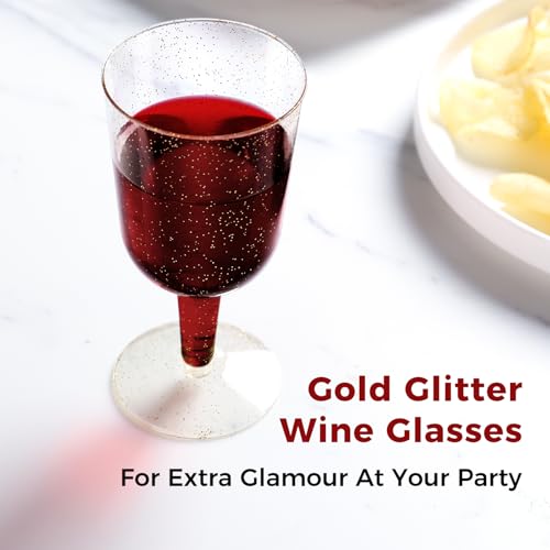 TENYASEN 30 Pack 6oz Plastic Wine Glasses – Disposable Gold Glitter Mini Stemware with Removable Base for Weddings, Partie...