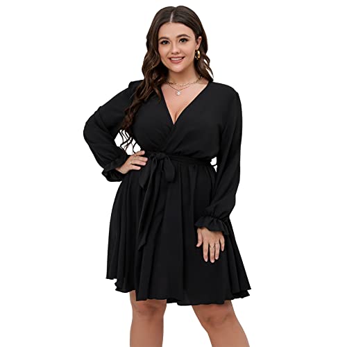 SCOMCHIC Women's Plus Size Long Sleeve Wrap V Neck Tie Waist A Line Mini Dress