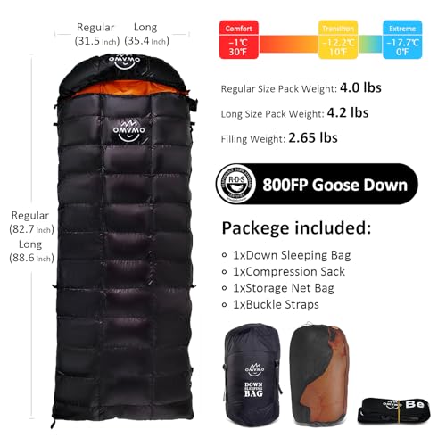 OMVMO -10°F 0°F 10°F 15°F Down Sleeping Bag for Adults,800/650 Fill Power,Ultralight Wearable 4 Season Cold Weather Rectan...