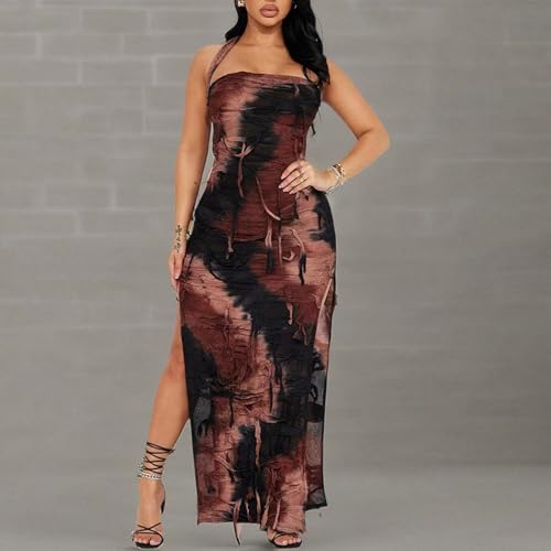 Novaorily Women Sexy Tie Dye Fringe Bodycon Dress Y2K Sleeveless Split Evening Cocktail Formal Gowns for Party Club Night