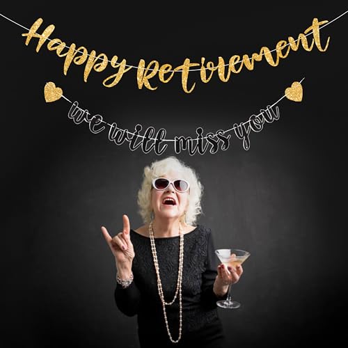 Pre-strung Happy Retirement & We will miss you Banner, Pre-strung on 8 ft Strand Black Gold Glitter Retirement Party Decor...