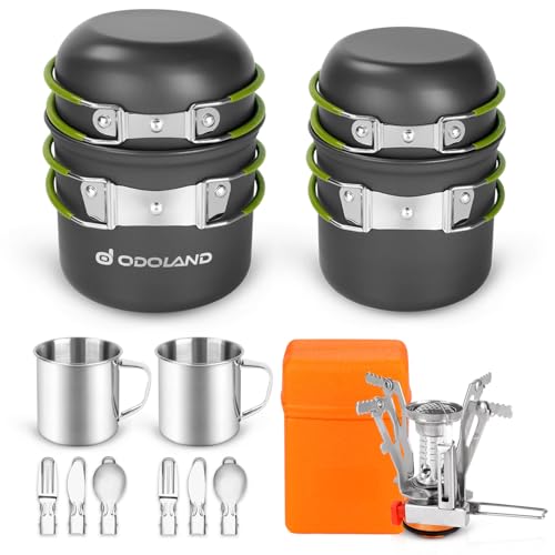 Odoland 16pcs Camping Cookware Mess Kit, Lightweight Pot Pan Mini Stove with 2 Cups, Fork Spoon Kits for Backpacking, Outd...