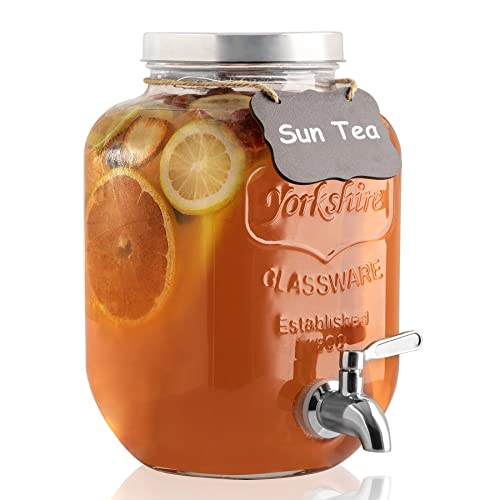 1 Gallon Drink Dispenser with Spigot 18/8 Stainless Steel – Airtight & Leakproof Glass Sun Tea Jar with Anti-Rust Lids, Be...