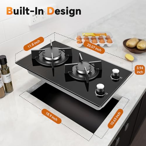 Gas Stove 2 Burner, Propane Cooktop 12 Inch, Built-in Gas Cooktop Black Tempered Glass Stove Top with Thermocouple Protect...