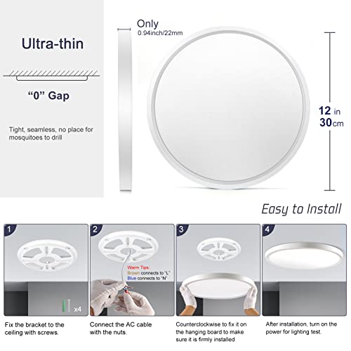 12 Inch LED Flush Mount Ceiling Light Fixture, 5000K Daylight White, 3200LM, 24W, Flat Modern Round Lighting Fixture, 240W...