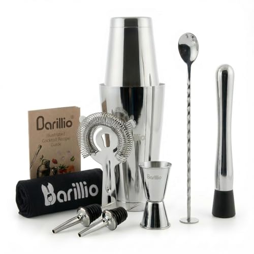 Barillio Boston Shaker Set - Stainless-Steel, Weighted, Martini Cocktail Shaker Set w/Strainer & Mixer - Mixology Bartende...