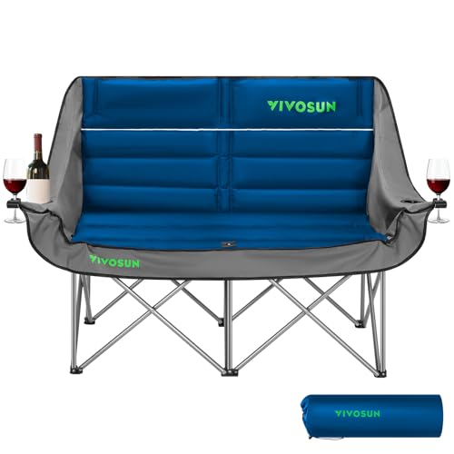 VIVOSUN Double Camping Chair, Fully Padded Folding Loveseat, Oversized Duo Chair with Cup & Wine Glass Holders, Pocket, Ar...