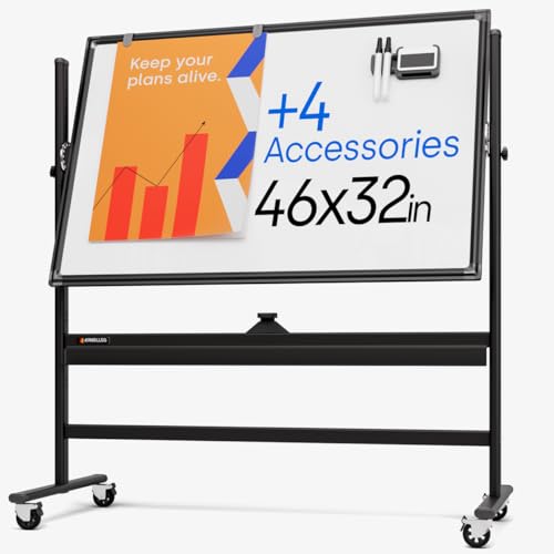Rolling Dry Erase Board 46 x 32 - Large Portable Magnetic Whiteboard with Stand - Double Sided Easel Style Whiteboard with...