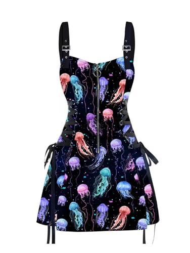 DRESSFO Women’s Gothic Buckle Strap Mini Dress – Lace Up Zipper Dress in Multiple Prints