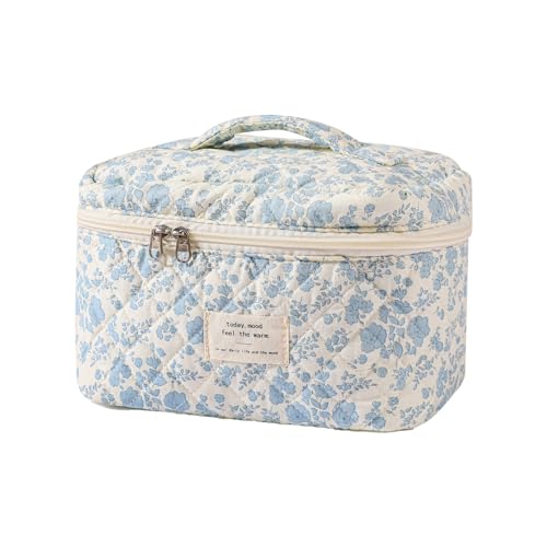 uekeboag Large Travel Quilted Makeup Bag for Women, Floral Cotton Cosmetic Bag, Coquette Aesthetic Floral Toiletry Organiz...