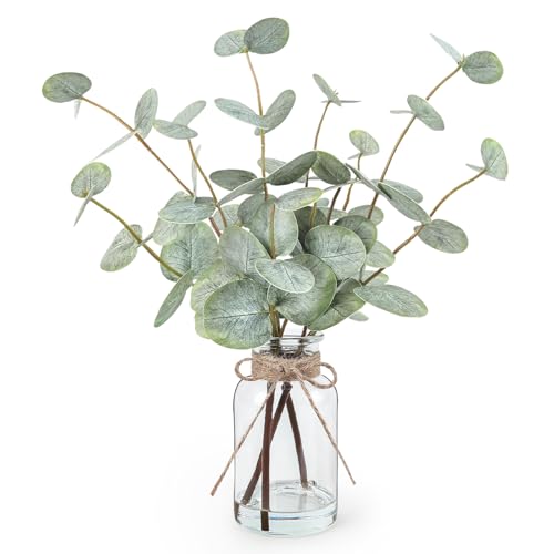 Bessol Artificial Eucalyptus Stems in Glass Vase with Faux Water, 13.5” Fake Plants for Home Decor, Coffee Table Centerpie...